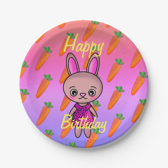 Niedliches Kaninchen mit Karotten Birthday Rainbow Pappteller (Vorderseite)
