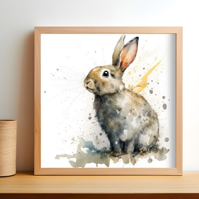 Niedliches Kaninchen Poster (A watercolor painting of a rabbit is shown in a light wood frame.)