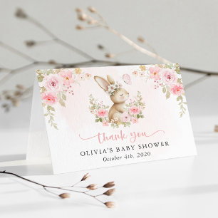 Niedliches Kaninchen, Schmetterling, rosa Blumen, Dankeskarte