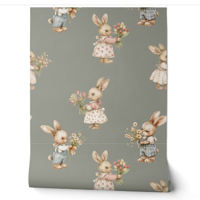 Niedliches Kaninchen und Blume Tapete (Abrollen)