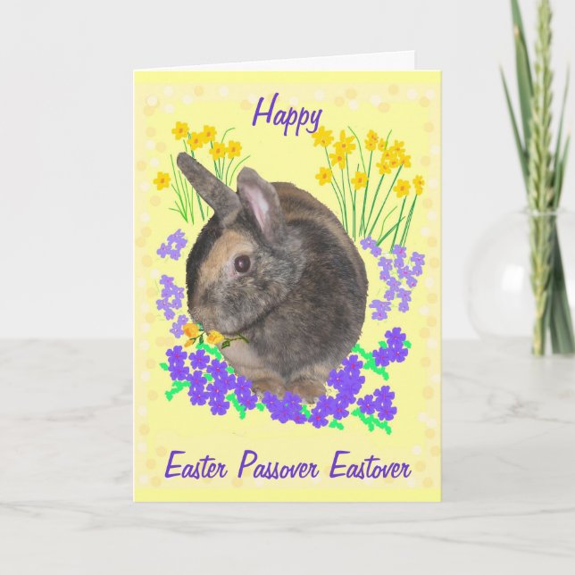Niedliches Kaninchen und Blumen Ostern, Feiertagskarte (Vorderseite)