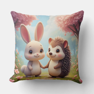 Niedliches Kaninchen und Igel Händchen haltend Kissen