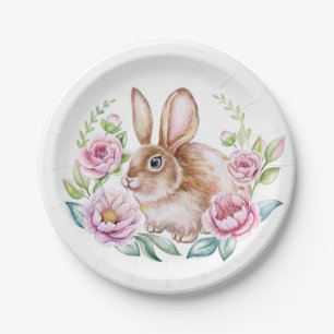 Niedliches Kaninchen und rosa Blume Kranz Pappteller