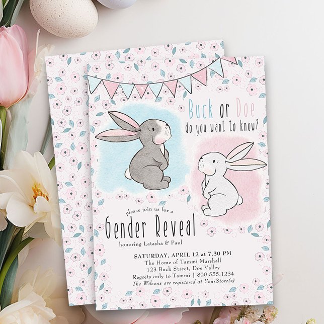 Niedliches Kaninchengeschlecht bei Buck oder Dog Einladung (Buck or Dow Gender Reveal Invitation with little bunnies - pink or blue and perfect for easter)
