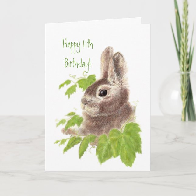 Niedliches Kaninchenkind 11. Geburtstag Karte (Vorderseite)
