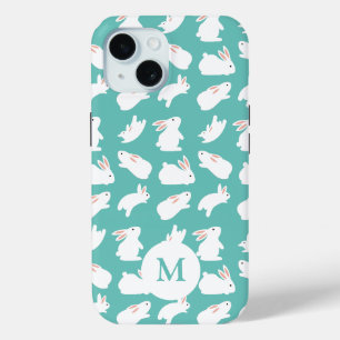 Niedliches Kaninchenmuster auf Aquamarinem Monogra Case-Mate iPhone Hülle