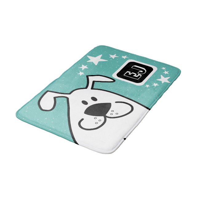 Niedliches Kartoon Dog Monogramm Badematte (Schrägansicht)