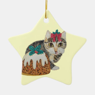 niedliches Kätzchen, das zu Weihnachten Pudding i Keramik Ornament