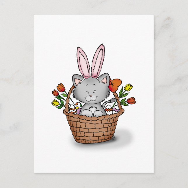 Niedliches Kätzchen im Osterkorb Feiertagspostkarte (Vorderseite)