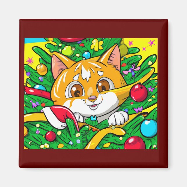 Niedliches Kätzchen im Weihnachtsbaumspass Magnet (Vorne)