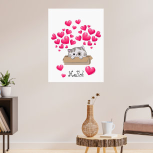 Niedliches Kätzchen in einer Kiste und rosa Herzen Poster