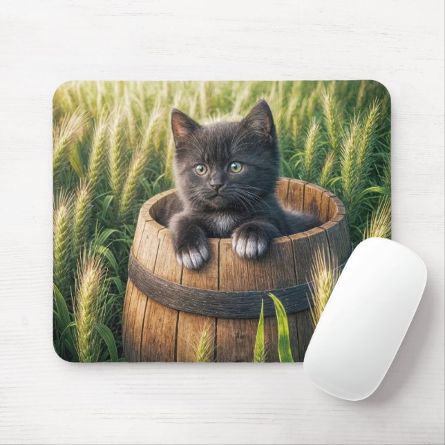 Niedliches Kätzchen in Holzfässern Mousepad (Mit Mouse)