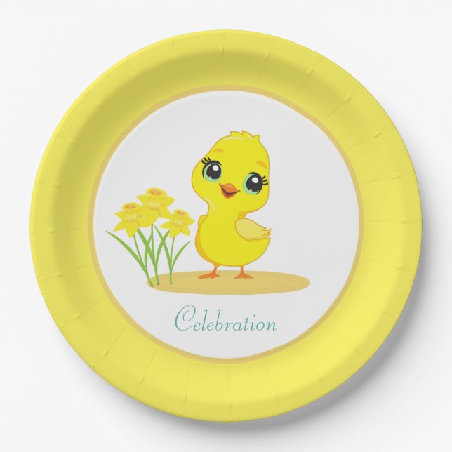 Niedliches Kätzchen mit Blume auf Gelb und Weißbuc Pappteller (Vorderseite)