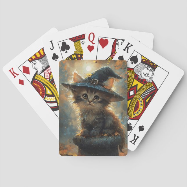Niedliches Kätzchen mit einem Hexenhut Spielkarten (Rückseite)