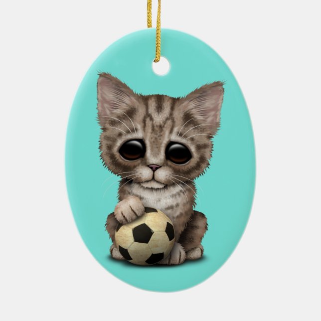 Niedliches Kätzchen mit Fußball-Fußball-Ball Keramik Ornament (Hinten)