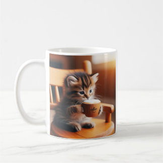 Niedliches Kätzchen sitzt auf einem Stuhl und trin Kaffeetasse