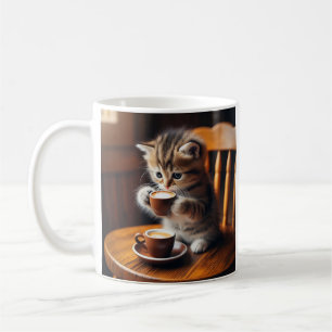 Niedliches Kätzchen sitzt auf einem Stuhl und trin Kaffeetasse