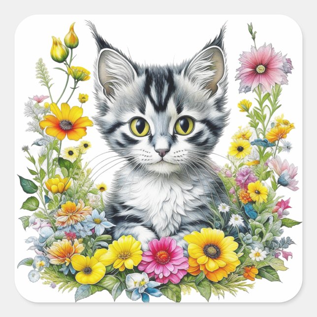 Niedliches Kätzchen umgeben von Blume Quadratischer Aufkleber (Vorderseite)