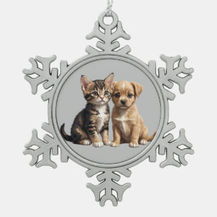 Niedliches Kätzchen und Welpen Schneeflocken Zinn-Ornament