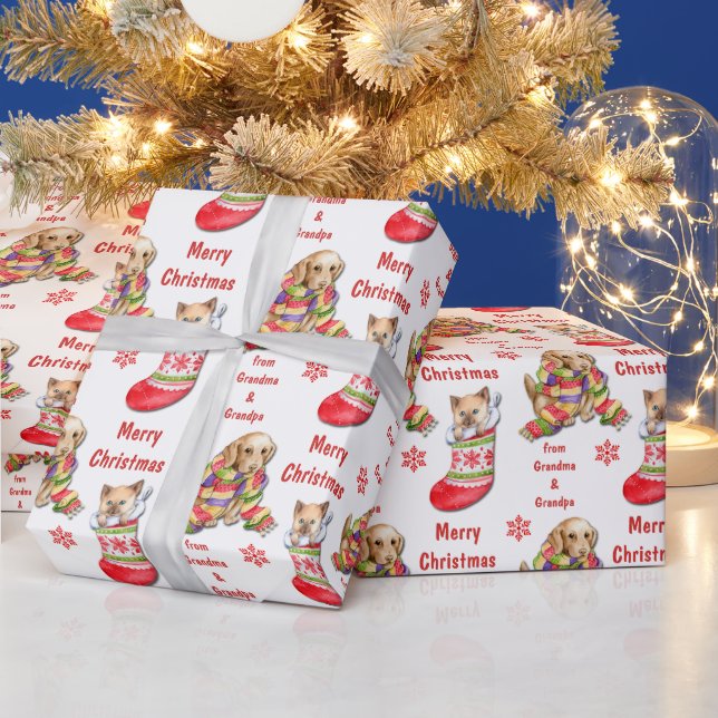 Niedliches Kätzchen und Welpen Weihnachten Geschenkpapier (Feiertage)