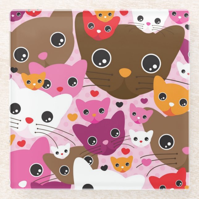 niedliches Kätzchenkatzen-Hintergrundmuster Glasuntersetzer (Vorderseite)