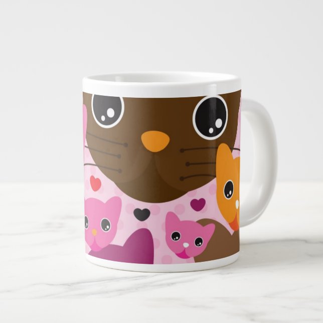 niedliches Kätzchenkatzen-Hintergrundmuster Jumbo-Tasse (Vorderseite Rechts)