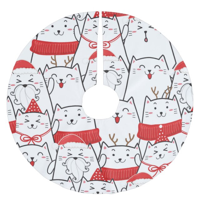 Niedliches Katzen-Cartoon-Muster Polyester Weihnachtsbaumdecke (Vorderseite)
