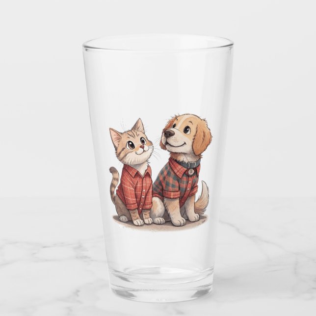 Niedliches Katzen & Hund in Kariertem Tummelglas - Glas (Vorderseite)