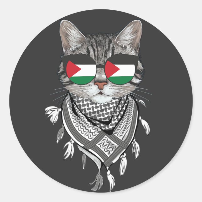 Niedliches Katzen Palästina-Flaggenbrille Keffiyeh Runder Aufkleber (Vorderseite)