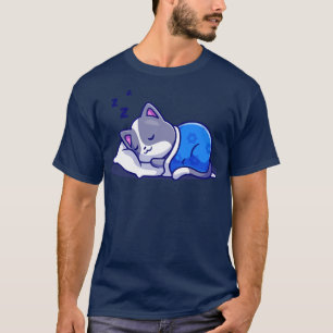 Niedliches Katzen-Schlafen mit Kissen und Cartoon T-Shirt