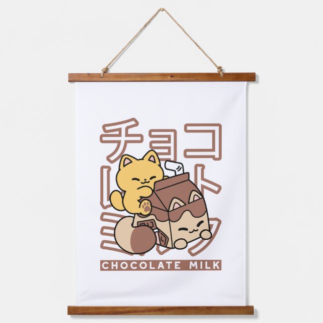 Niedliches Katzen Schokolade Milchkarton Kawaii Ku Wandteppich Mit Holzrahmen (Vorderseite)