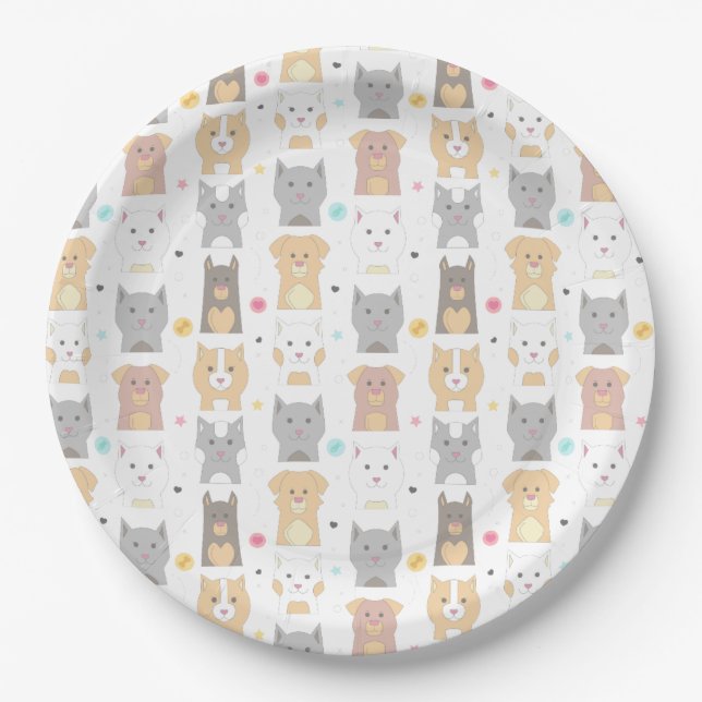 Niedliches Katzen- und Hundemuster Pappteller (Vorderseite)