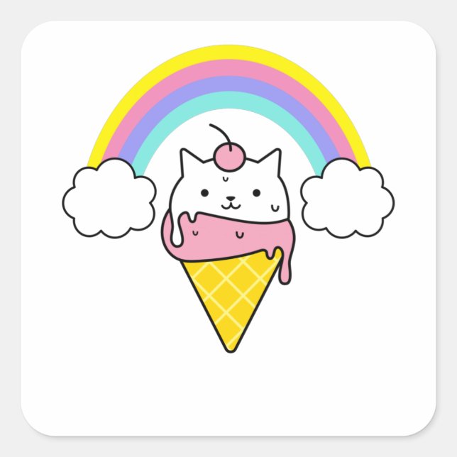 niedliches Katzeneis Regenbogen - Regenbogen Quadratischer Aufkleber (Vorderseite)