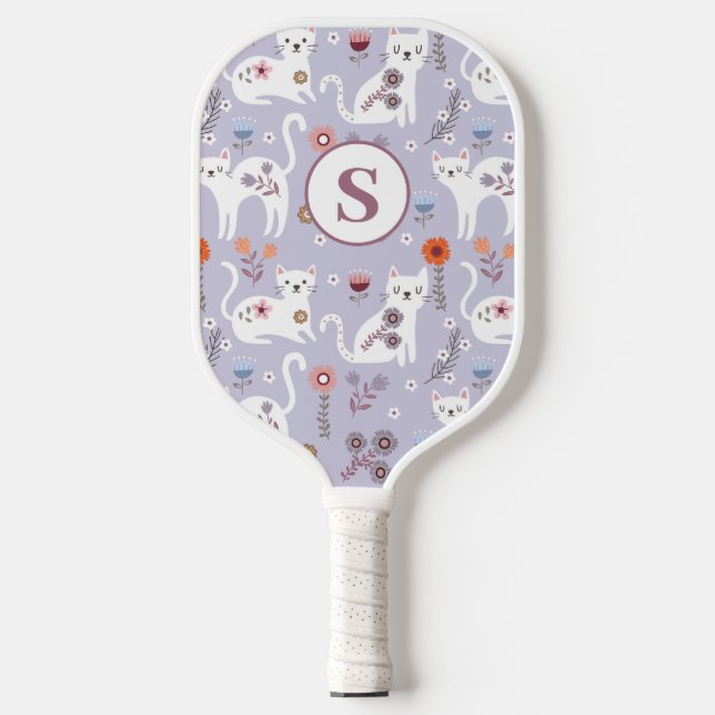 Niedliches Katzenfloral Monogramm Paddel Pickleball Schläger (Vorderseite)