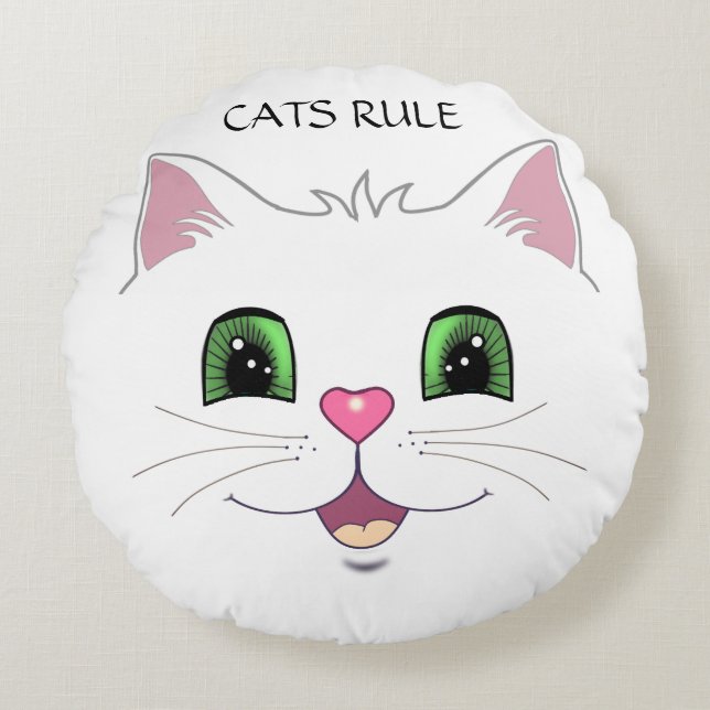 Niedliches Katzengesicht auf weißem, rundem Kissen (Vorderseite)