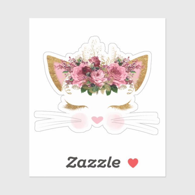 Niedliches Katzengesicht mit rosa Blume Vinyl Aufkleber (Blatt)
