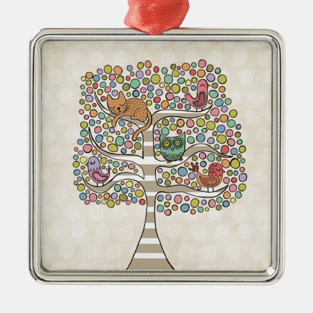 Niedliches Katzenjammer und Vögel in einer Baumill Ornament Aus Metall (Vorne)