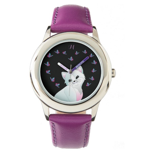 Niedliches Katzenmonogramm Lila Watch Armbanduhr (Vorderseite)