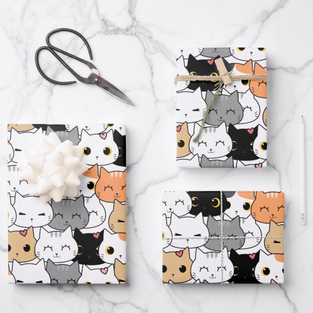 Niedliches Katzenmuster Geschenkpapier Set (Vorderseite)