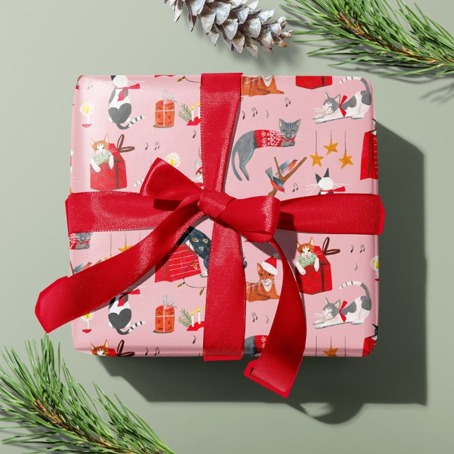 Niedliches Katzenrosa Retro-Weihnachtsmuster Geschenkpapier (Cute Cat Pink Retro Christmas pattern Wrapping Paper)