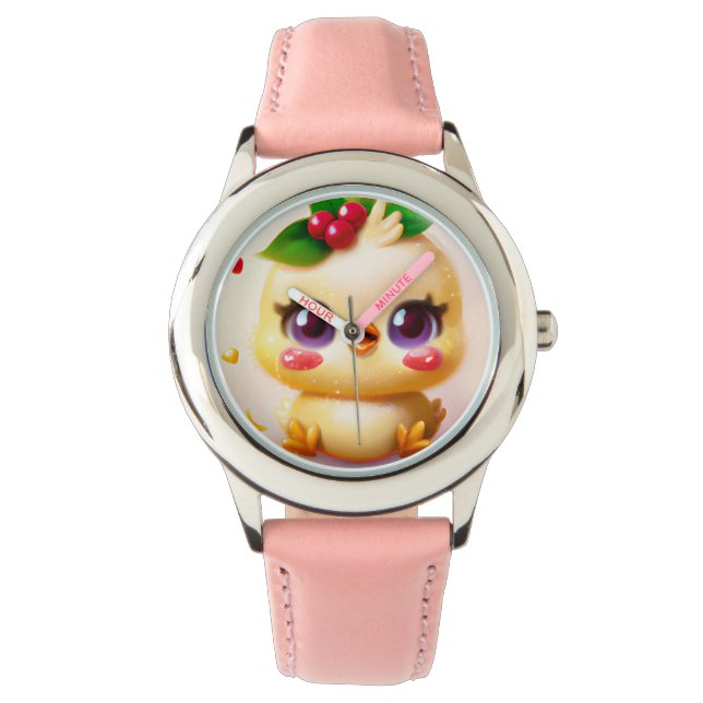 Niedliches Kawaii-Baby-Hühnchen mit Holly Armbanduhr (Vorderseite)