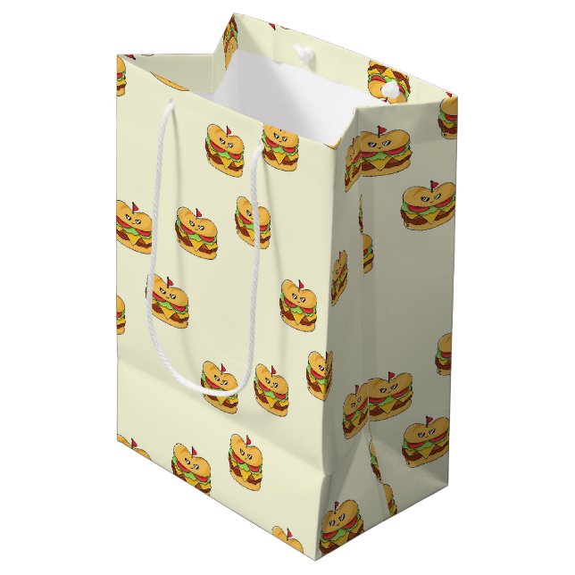 Niedliches Kawaii-Burgermuster Mittlere Geschenktüte (Vorderseite Schrägansicht)