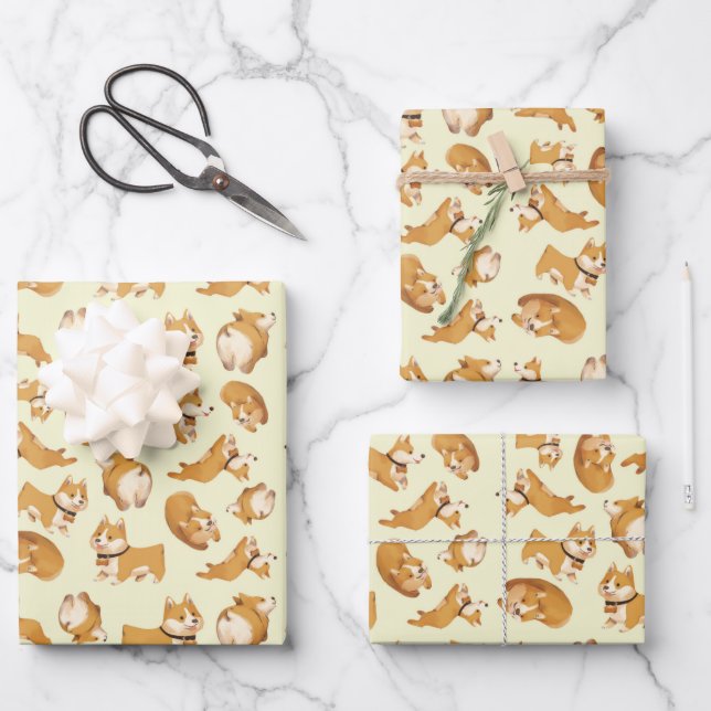 Niedliches Kawaii-Corgi-Welpenmuster Geschenkpapier Set (Vorderseite)