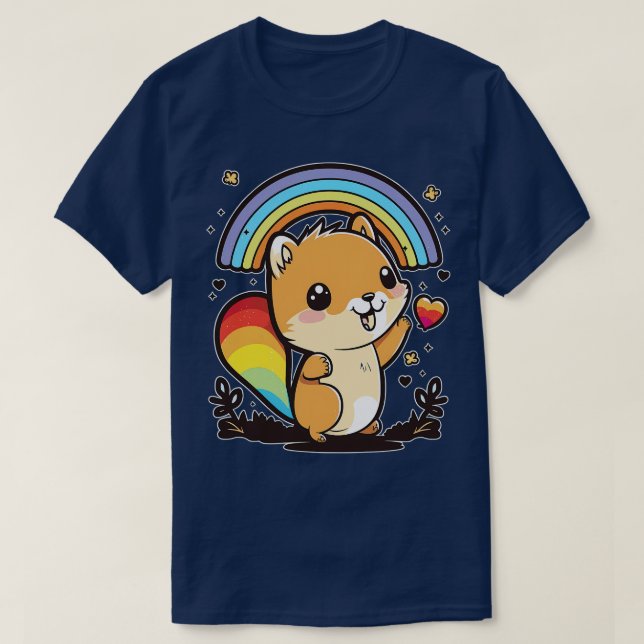 Niedliches Kawaii-Eichhörnchen unter Regenbogenfar T-Shirt (Design vorne)