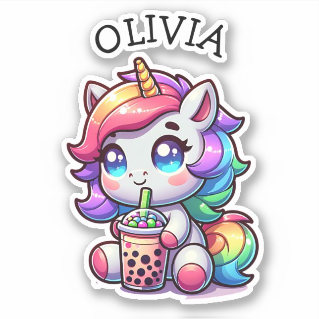 Niedliches Kawaii Einhorn mit Bubble Tee Personali Aufkleber (Vorderseite)
