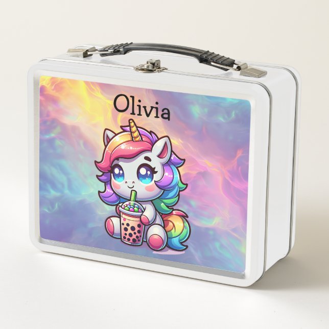Niedliches Kawaii Einhorn mit Bubble Tee Personali Metall Brotdose (Vorderseite)