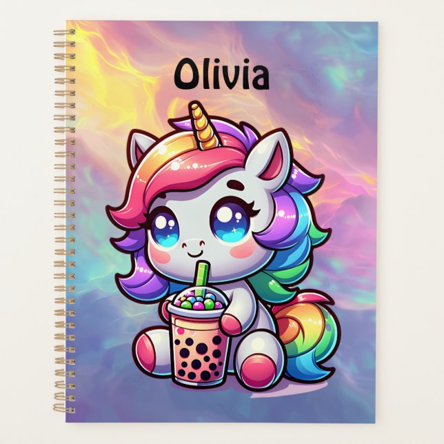 Niedliches Kawaii Einhorn mit Bubble Tee Personali Planer (Vorderseite)