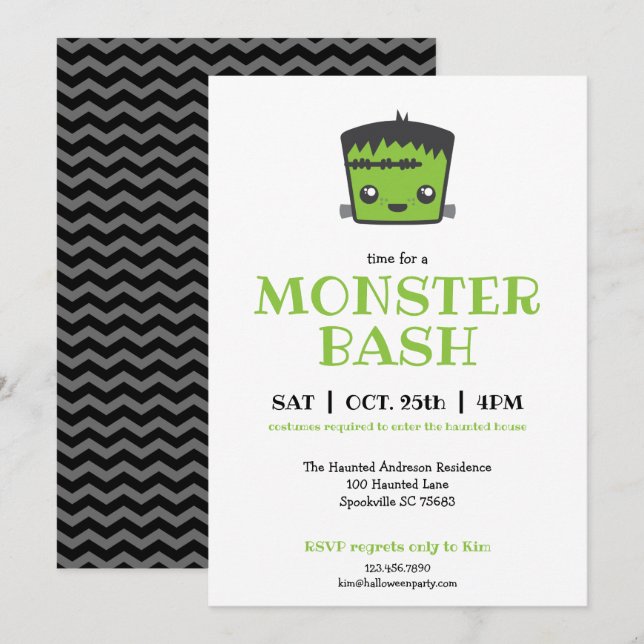 Niedliches Kawaii-Frankenstein-Monster-Halloween-P Einladung (Vorne/Hinten)