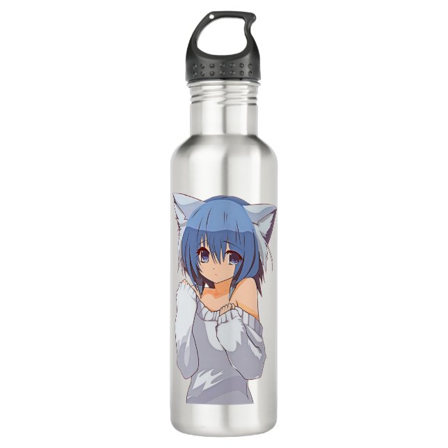 Niedliches Kawaii-Katzen-Mädchen Waifu Edelstahlflasche (Vorderseite)