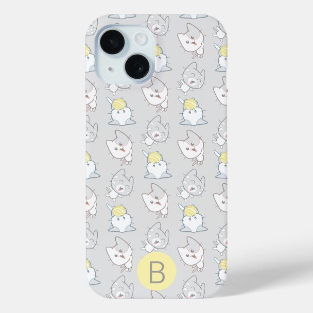 Niedliches Kawaii Katzenmuster Grau-Gelbe Monogram Case-Mate iPhone Hülle (Rückseite)